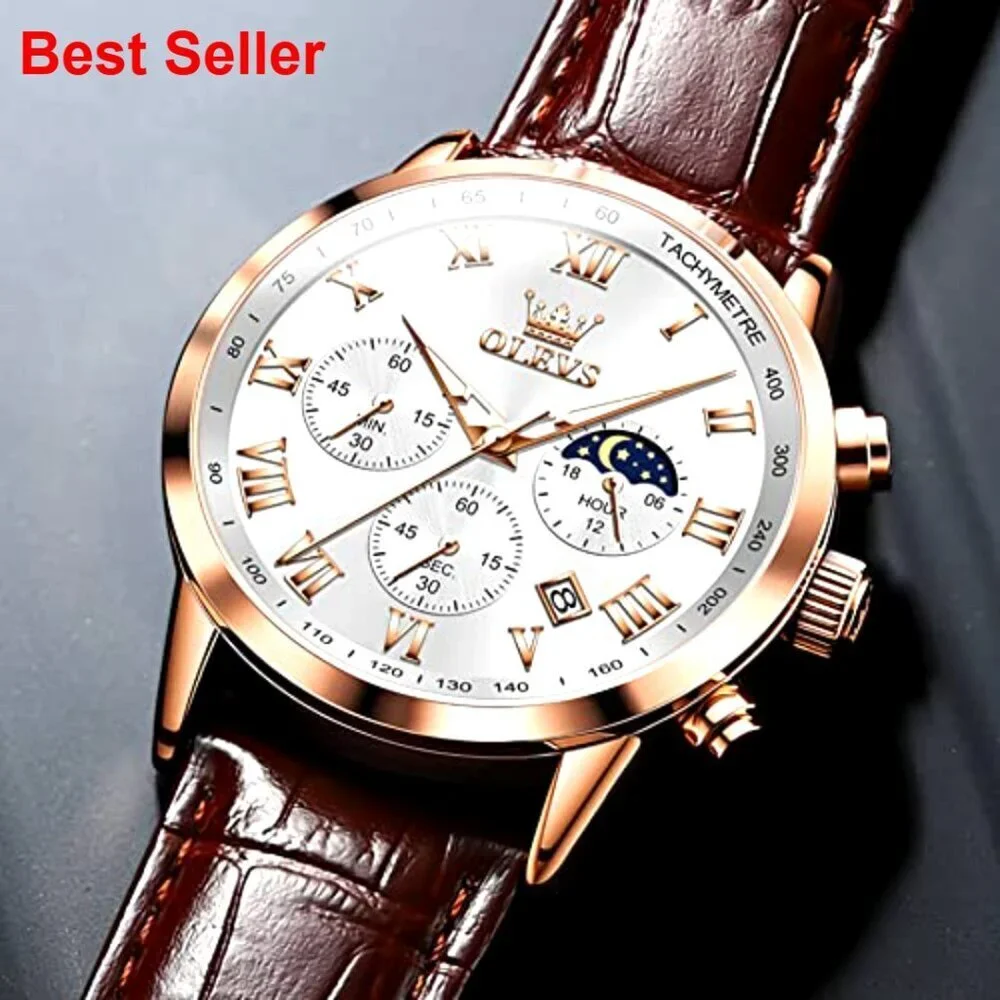 Leather Watch with Date Luminous Dial Stainless Steel Case